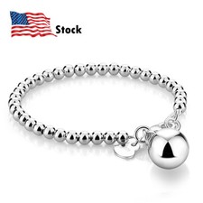 Real 925 Sterling Silver Bead Chain Bracelet with Ball / Heart for Girls Women