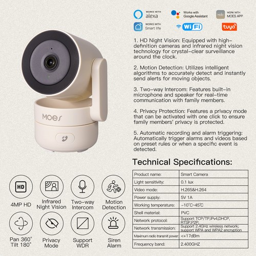 MOES WiFi Smart Pan/Tilt Security Camera 4MP IR Night Panoramic Patrol Monitor - Picture 15 of 22