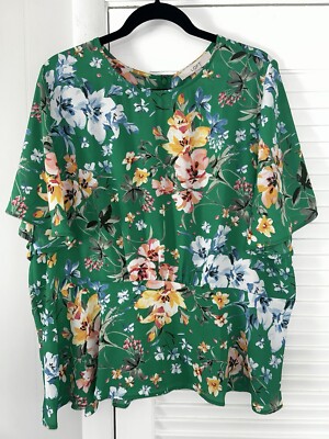 Loft NWT Floral Flutter Sleeve Green Blouse | Women s Size 18 (2XL)