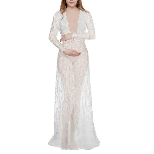 Umstandskleid Für Damen Sexy Transparente Spitze Tiefer V-Ausschnitt Lange : - Bild 9 von 26