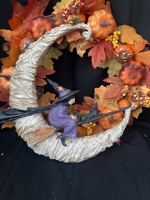 Tkmaxx Halloween Hexe im Flug Mond, Katze Plakette Vintage Style  