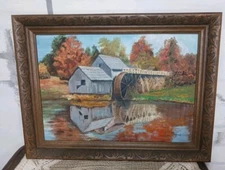 Old Mill Painting By H. Holmes Fall Scene Canvas Framed Country Decor Litt Ware 
