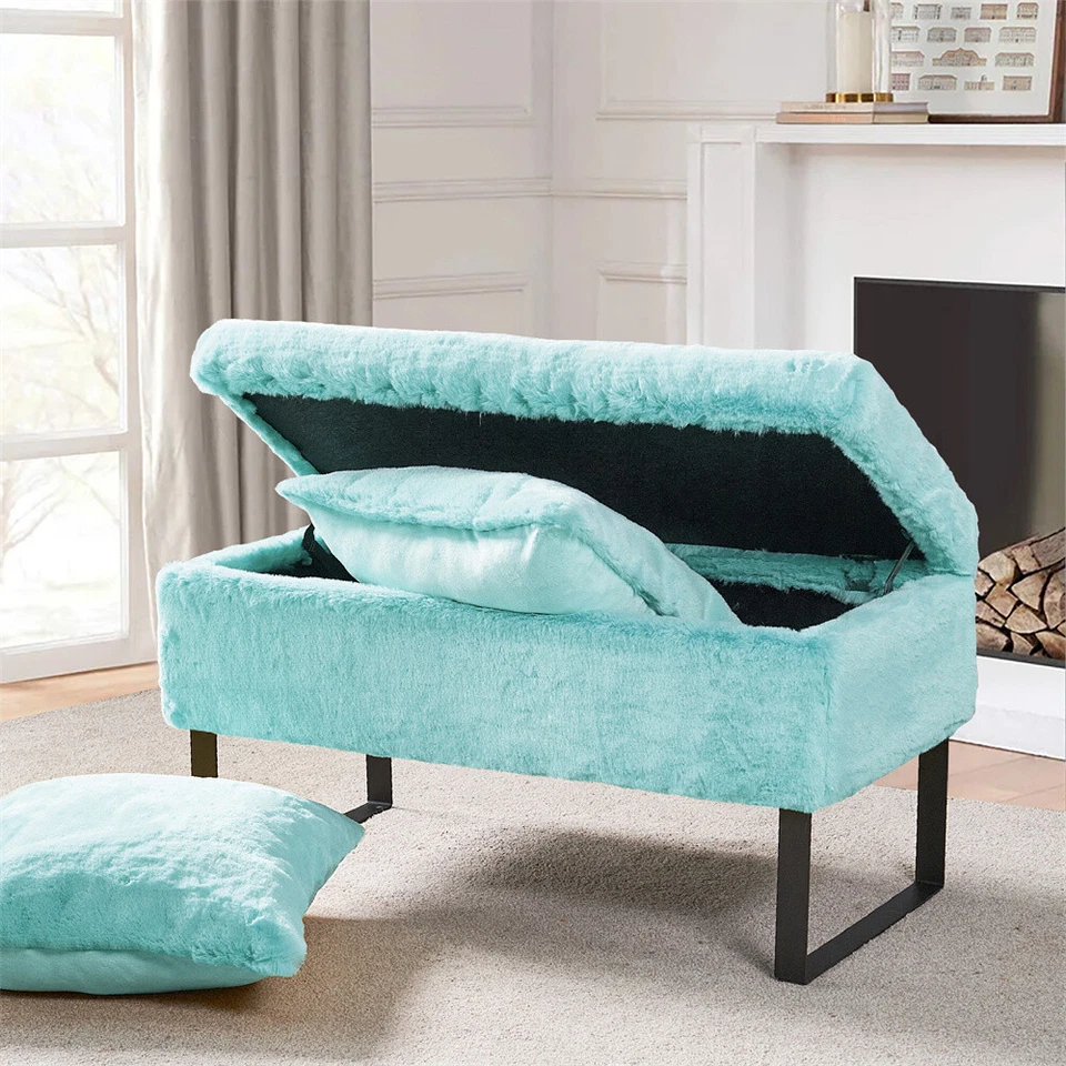 Banco otomano rectangular de almacenamiento de piel sintética de felpa reposapiés taburete con 2 fundas de almohada Foto 2 de 4