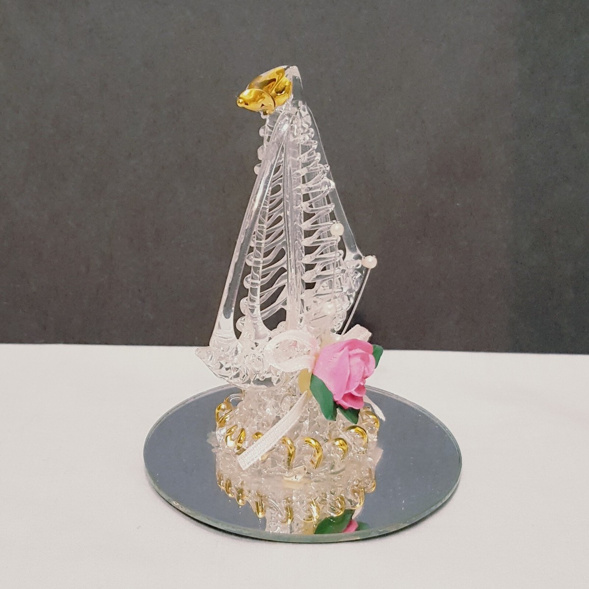 Clear Spun Glass Boat Ship Figurine on Mirror Gold Plated