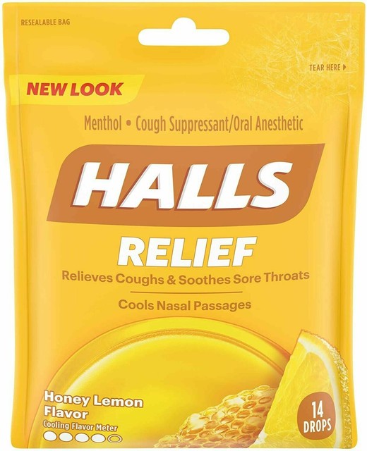 HALLS RELIEF Cough Drop Relieves Coughs Soothes Sore Throat Honey Lemon
