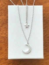925 Sterling Silver Star Crescent Moon Layered Necklace CZ 4.5mm/11mm 17.25"