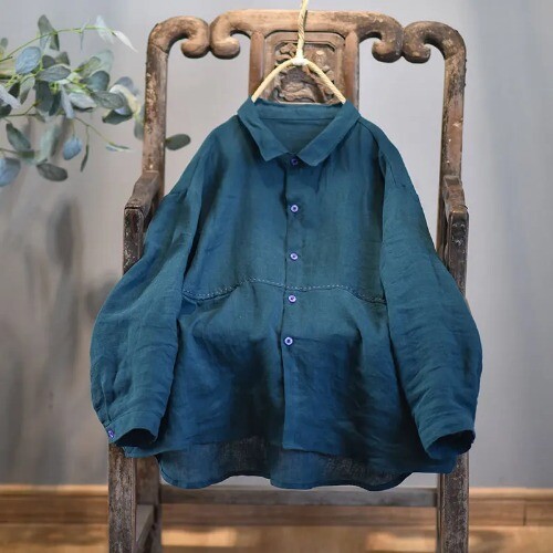 Women Linen Embroidery Shirts Turn-down Collar Button Vintage Loose Blouser - Picture 4 of 22