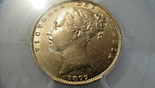 +GOLD SOVEREIGN  1877 S VICTORIA SHIELD   PCGS  MS62 UNC SLABBED