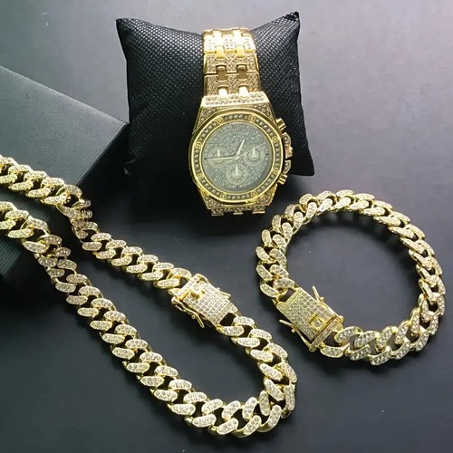 Orologio Lusso Lab Diamanti & Ghiaccio Catena Cubana Collana & Bracciale Hip Hop Set Regalo - Foto 3 di 22