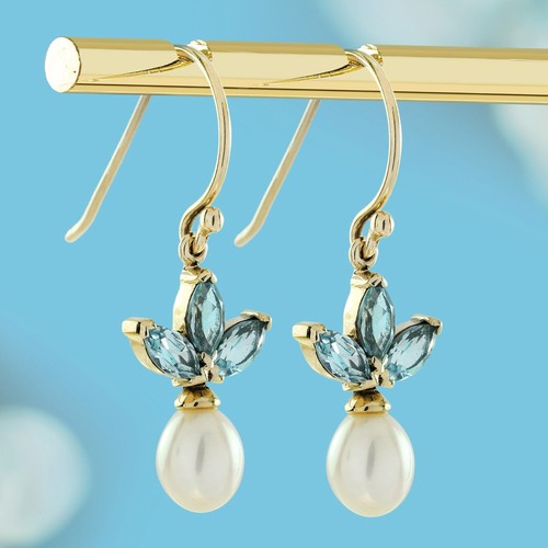 Orecchini farfalla oro giallo 9 kt topazio blu naturale e perle stile vintage - Foto 3 di 6