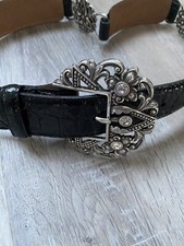 Vintage Rhinestone Buckle Brighton Faux Alligator Patent Black Belt Black Sz 32