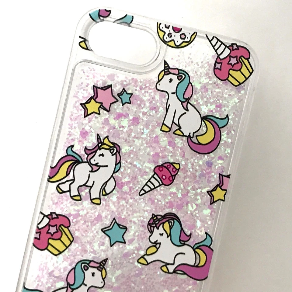 iPhone 5/6S/7+/8+PLUS - ESTUCHE RÍGIDO Cascada ROSA UNICORNIOS Líquido Brillo Corazones Foto 2 de 4