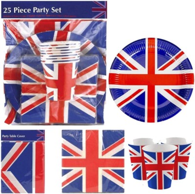 25-teiliges Union Jack Geburtstag Geschirr Set Tischdecke Teller Tasse Serviette-BBQ-PARTY