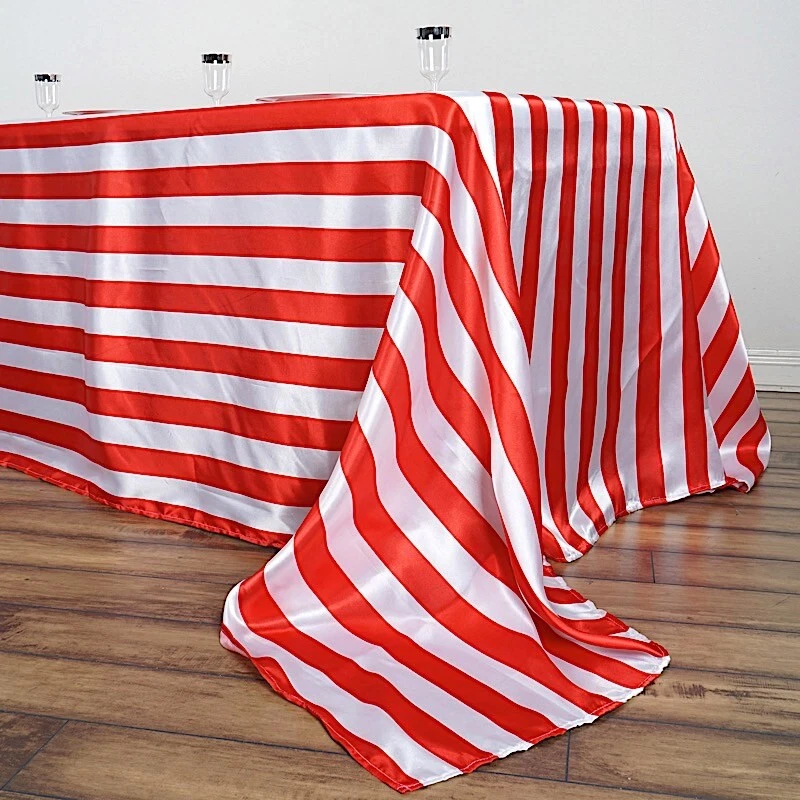 RED WHITE 90x132" Stripes Satin Rectangular Tablecloth Wedding Party Linens Sale - Image 4 of 4