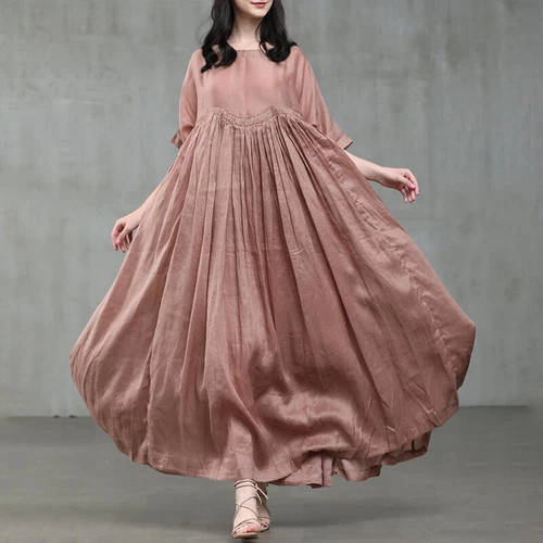Damen Kurzarm Baumwolle Lockere Taille Party Swing Maxikleid S-5xl - Bild 10 von 28