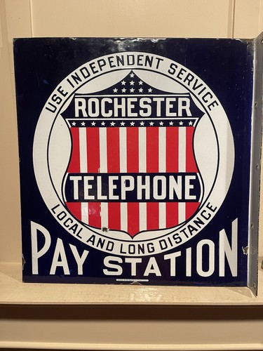 Rare Antique Rochester Telephone Porcelain Patriotic Advertising Flange Sign