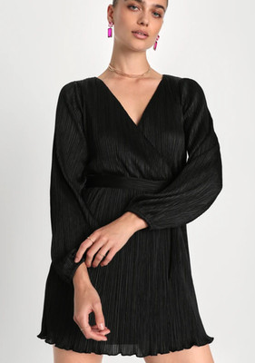 Plissed to Be Here Black Plisse Balloon Sleeve Pleated Mini Dress - Size S