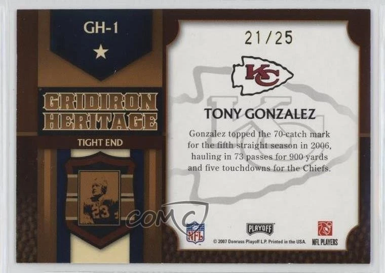 2007 Playoff Prestige Gridiron Heritage Holo-Foil /25 Tony Gonzalez #GH-1 HOF - Image 2 of 2