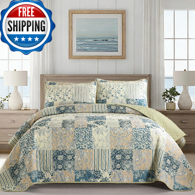 Drucon Patchwork Quilt Set Queen Size, Green Blue Plaid Bedspread Bedding Set, 3