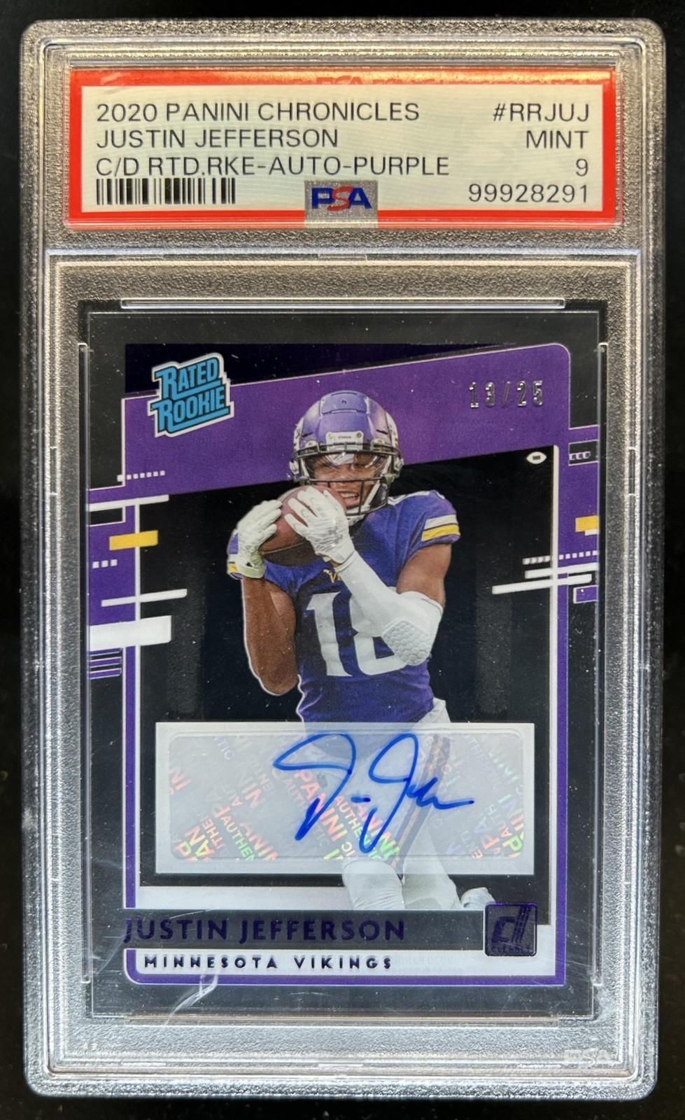2020 Chronicles Justin Jefferson Clearly Donruss Rookie Auto Purple #/25 PSA 9