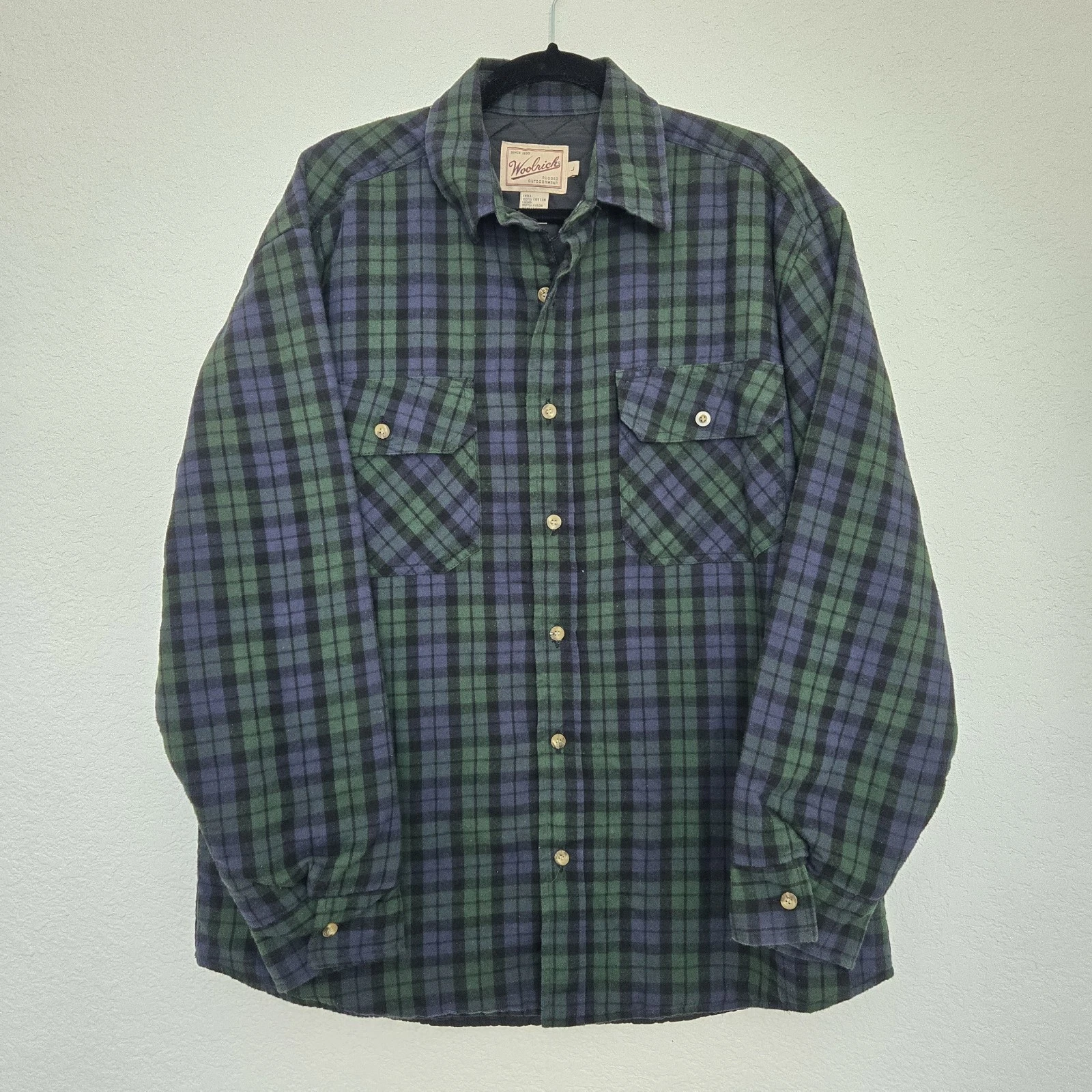 Woolrich Vintage Plaid Quilted Hunting Jacket Mens L insulated blue green
