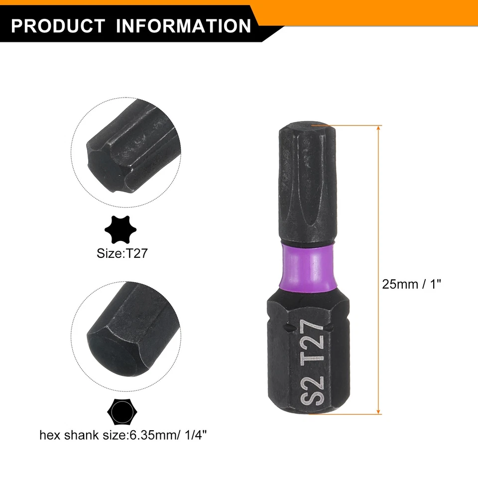 5pcs T27 Magnetic Torx Screwdriver Bit 1/4" Hex Shank 25mm Length Industrial Bit - Imagem 2 de 4