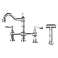 Brass Bridge Kitchen Faucet 4 Hole with Side Sprayer, Brushed Nickel