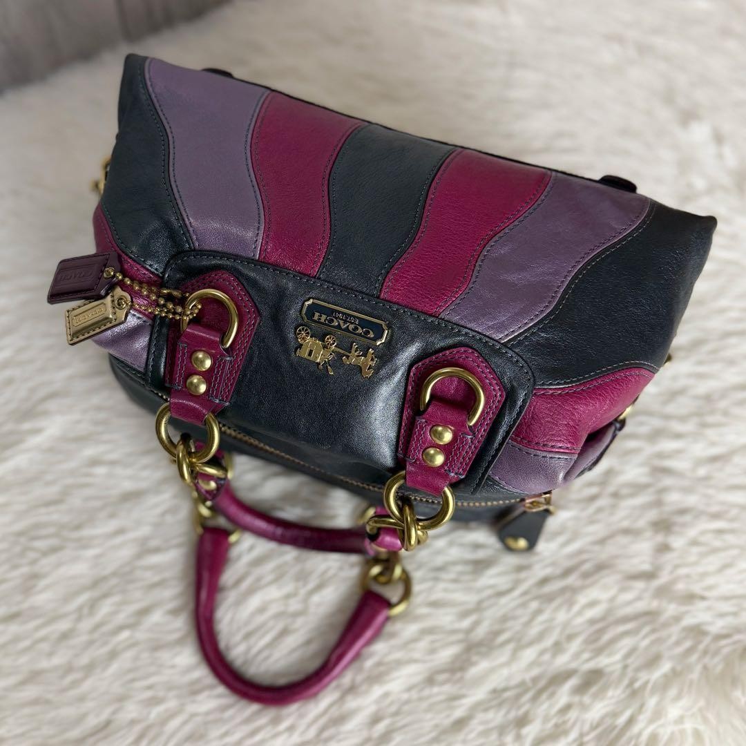 Rare Y2K COACH Logo Multi-Color Stripe Leather 2way Bag - Auth image 4