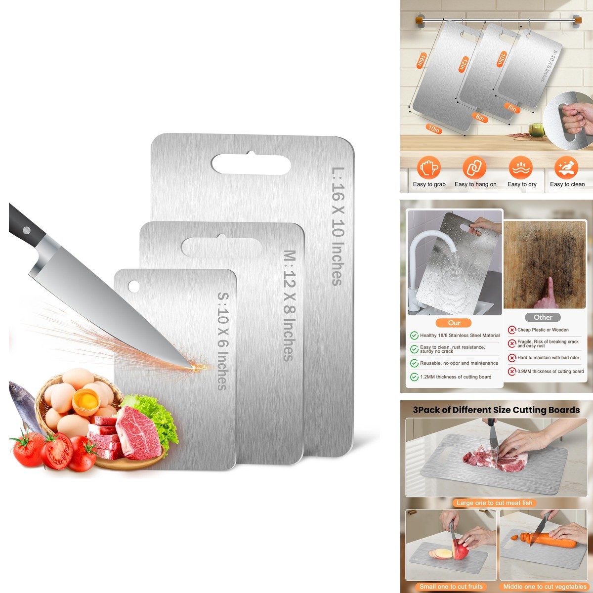 ZPUFAW 3Pcs Cutting Boards Kitchen 304 Food Grade Stainless Steel, Large-Small