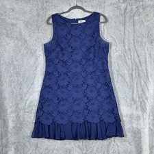 Eliza J Size 14 Navy Blue Floral Lace Shift Dress Sleeveless Pleated Ruffle Hem