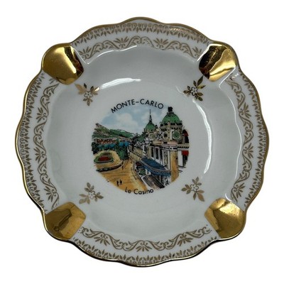 Vintage 1960s Monte Carlo Le Casino Porcelain Ashtray Gold Trim Souvenir Monaco