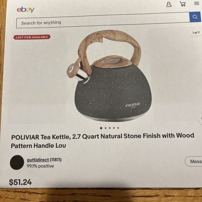 POLIVIAR 2.7 Qt Tea Kettle Stone Finish, Wood Handle, Whistle, All Stovetops