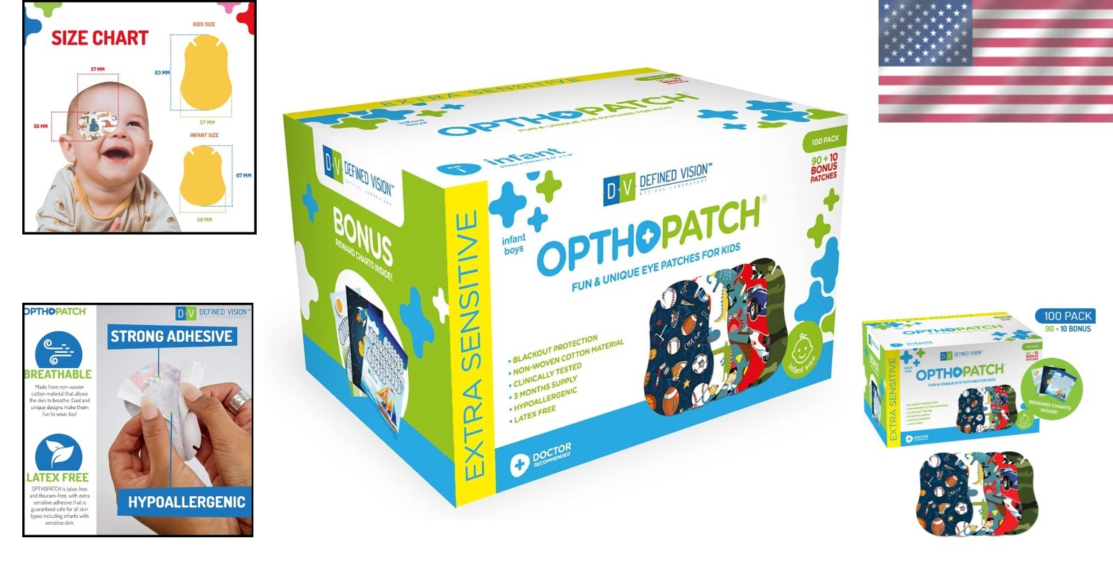 Infant Eye Patches - Boys' Design - 100 Count + Charts