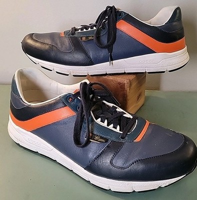 Gucci Reflex Mens Size 10.5 Blue Orange Leather Sneakers Trainers Shoes 336615