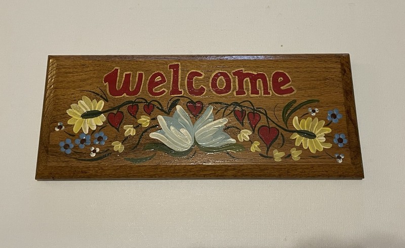 Vintage Wooden Handpainted Flowers and Hearts Welcome Sign Plaque 13” X 5-1/2”
