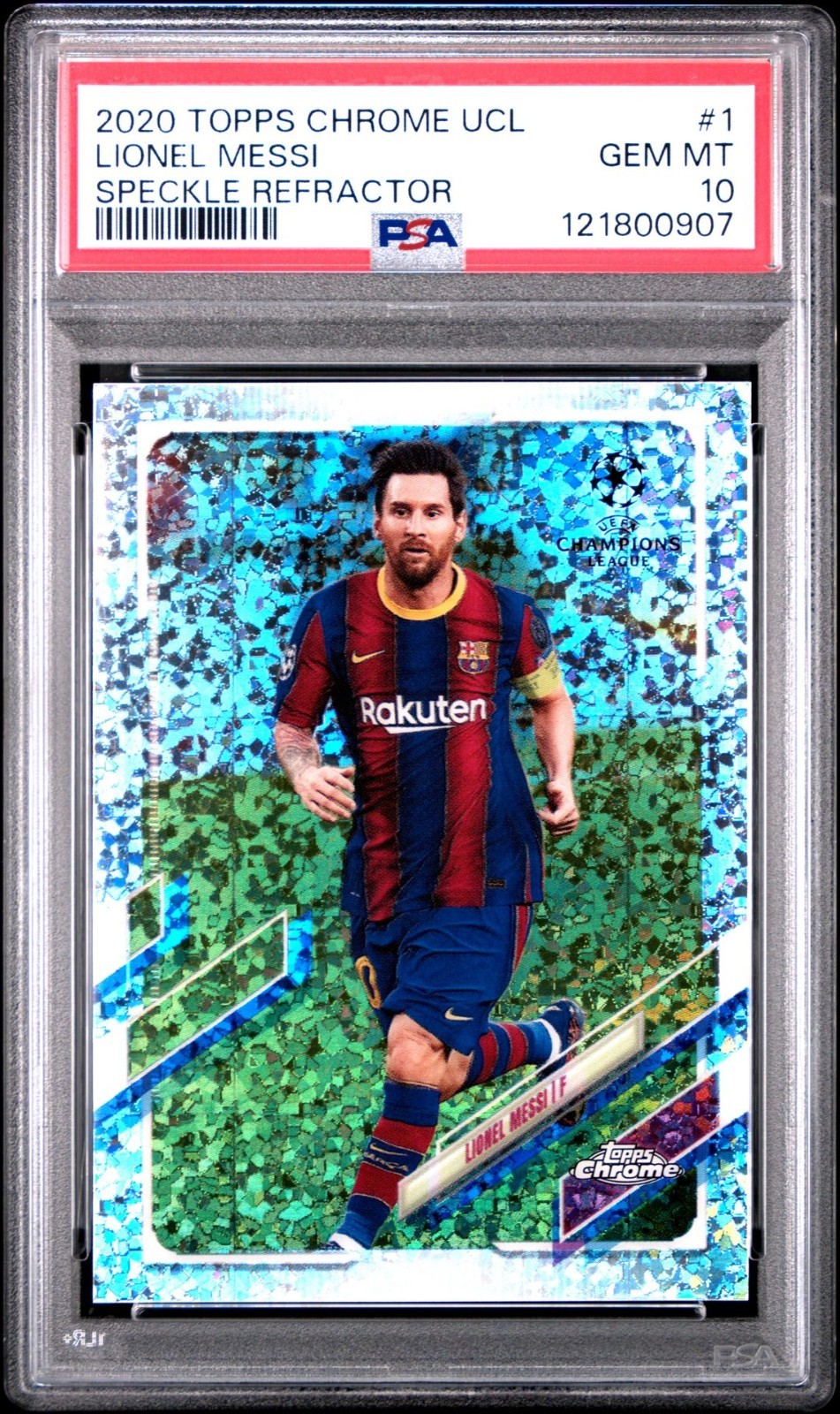 2020 TOPPS CHROME UEFA CHAMPIONS LIONEL MESSI SPECKLE REFRACTOR #1 PSA 10