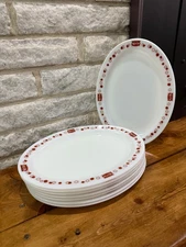 8 vintage PYREX Red Kettle Oval Platter RARE Glass Dinner Plates Restaurant Ware