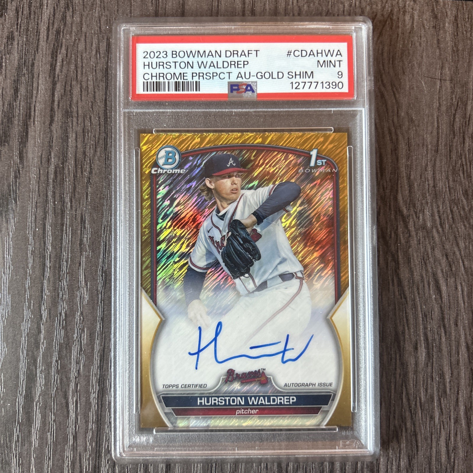 2023 Bowman Draft Hurston Waldrep Chrome Gold Shimmer Auto /50 #CDA-HWA PSA 9