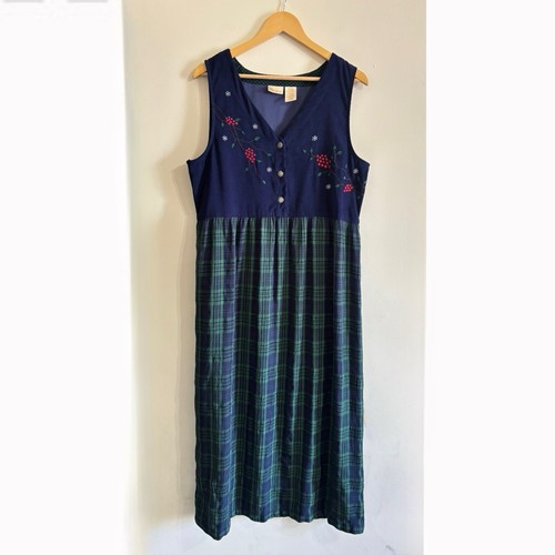 Vintage Bobbie Brooks Jumper Dress Womens Large 12/14 Plaid Embroidered Teacher