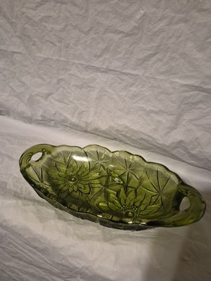 Vintage Oval Relish Dish Indiana Glass Lily Pons  With Tab Handle Avocado Green 