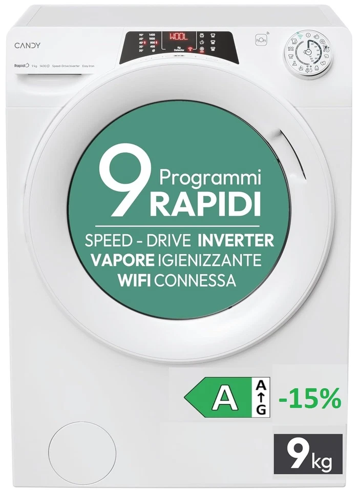 LAVATRICE 9 KG 1400 GR A-15% INVERTER VAPORE Snap&Wash CANDY RO496DWMC7/1-S