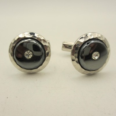 Vintage Emmons Cuff Links Rhinestone Centers Silver Tone