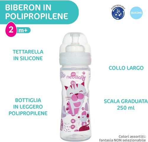 Neobaby Biberon in Polipropilene Collo Largo Con Tettarella in Silicone 250 Ml, - Foto 3 di 12