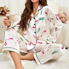 Womens Ladies Satin Nightwear Pyjamas 2Pcs Set Silk PJS Long Sleeve Sleepwear