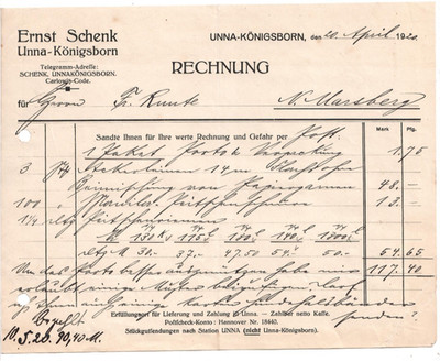 A.) E1- alte Rechnung Ernst Schenk Unna-Königsborn 1920