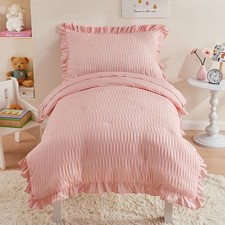 4 Piece Textured Seersucker Bedding Set Girls Crib Sheets Set Pink Ruffle Bab...