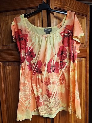 Women's Red & Yellow Floral Print Cap Sleeve Top By Jane Ashley, Size M