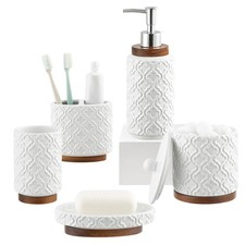 Elegant 5 PCS Ceramic Wood Bathroom Accessories Set:Soap Dispenser,Toothbrush...