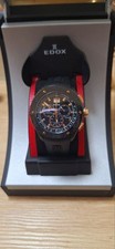 EDOX Class 1 Chronograph Big Date Quartz Watch Black and Gold Rubber Band Mens