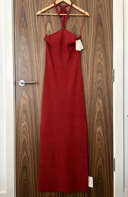 Hübsches üppiges rotes Strick-Maxikleid Neckholder Large NEU 62 £